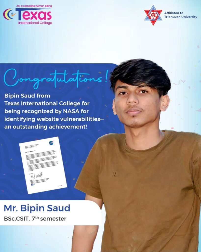 Texas International College Student Recognized by NASA for Cybersecurity Contribution